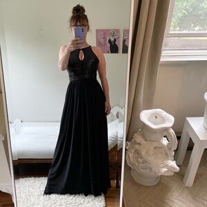 BLACK SEQUIN TOP SOLID SKIRT SLEEVELESS MAXI DRESS KEY HOLE BUST TIES